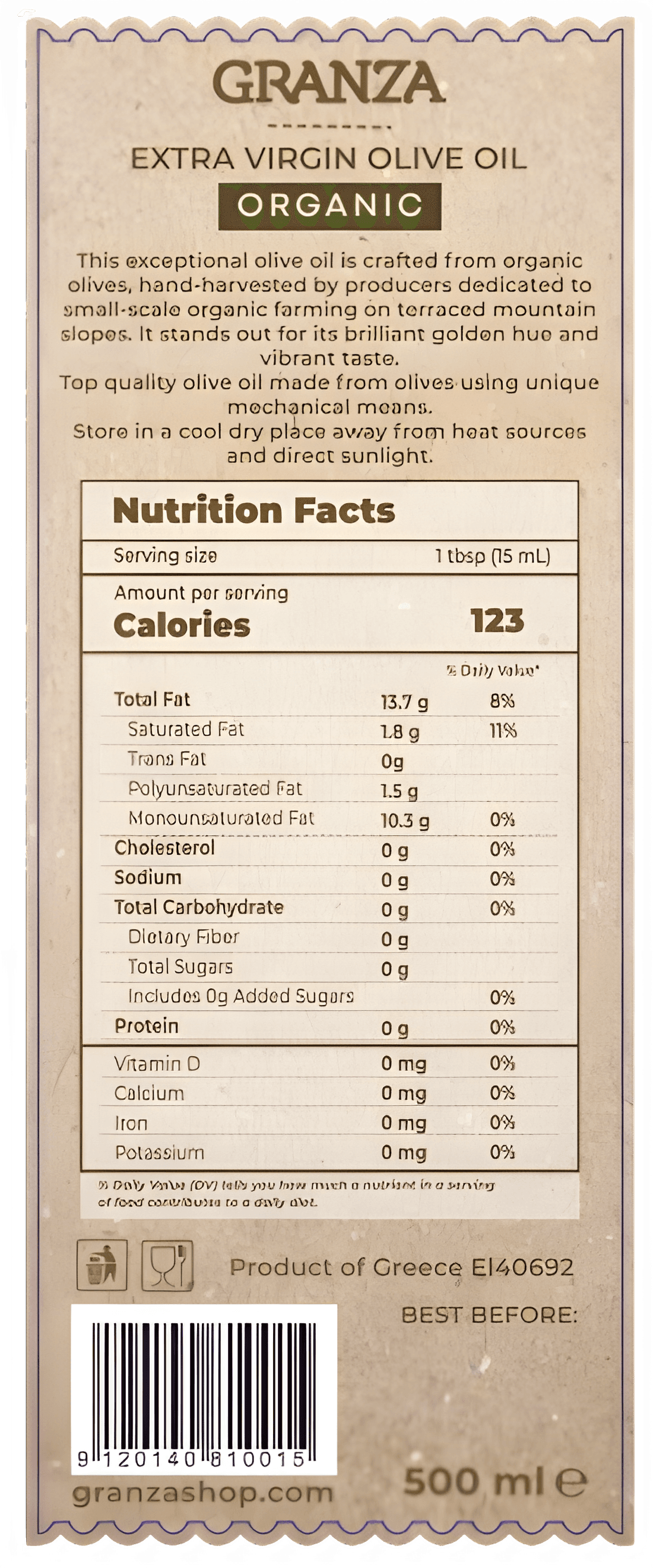 Granza label — back (nutrition facts)